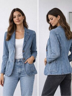 Denim Blazer Jacket Blue Fitted Jean Jacket Structured XS